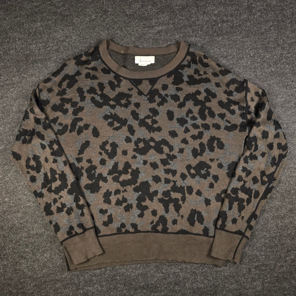 by Anthropologie Ethan Crew Neck Leopard Print Sweater Green Gray Black Size M
